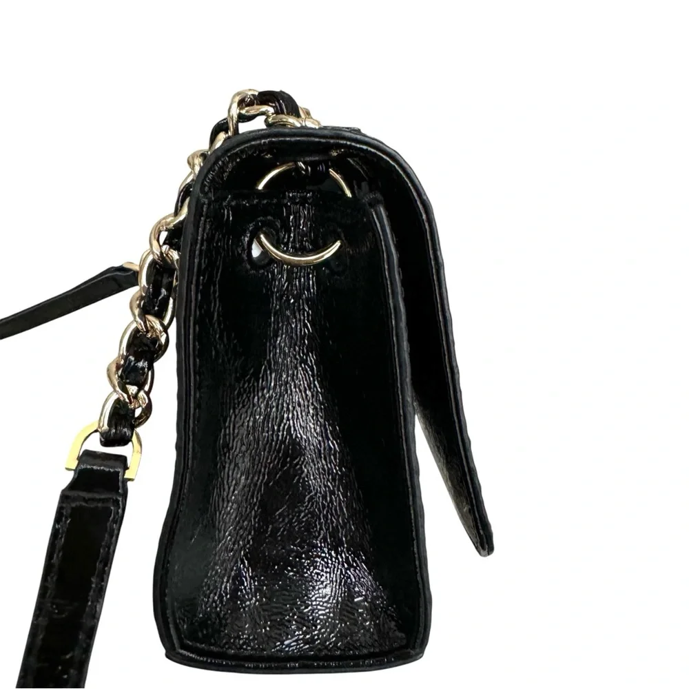 🆕 Tory Burch Marion Patent Flap Shoulder Bag Crossbody Black Embossed Leather